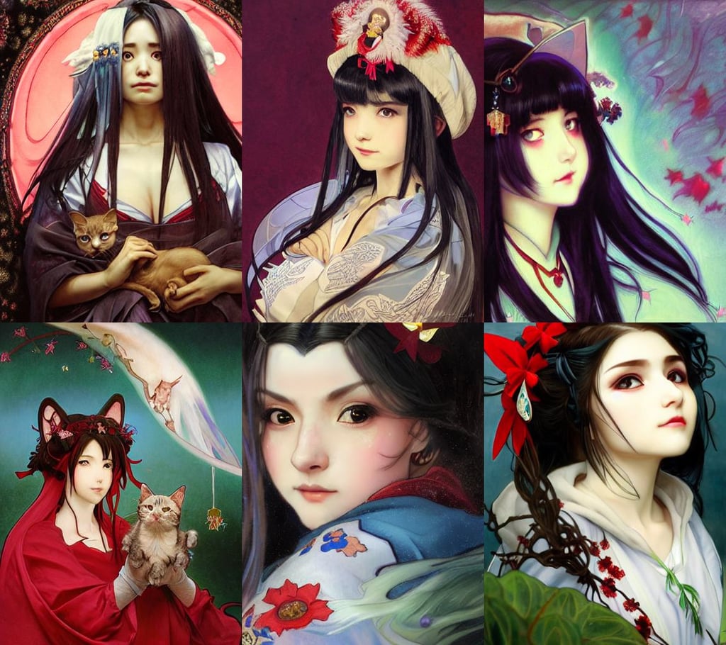 a portrait painting of reimu hakurei, closeup studio photo, art by ross tran artgerm and greg rutkowski and alphonse mucha, by benoit b. mandelbrot, dark rainbow nimbus, a beautiful girl who fights for her life with a cat, bejewelled and encrusted technological royal cloak, gorgeous clouds, hieronymus bosch and the shrike from hyperion deepdream in an m. c. escher library in zankarkand, hands in her hair, eye cyberpunk bionics, lolitafashion, jessica chastain face!!!, close look, plaid skirt, fine art photography, a humanoid with translucent skin, blue LEDs, hideaki madhouse anime studio, in ruin yasukuni shrine, rainfall