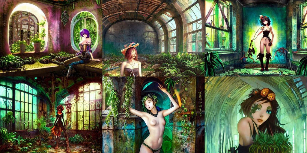 Ruined interior of steampunk building covered with plants, cyan, mexico, ligh toned skin, Lightpainting, art by Eugène Delacroix, cute anime girl