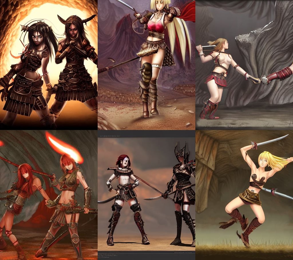 Two female warriors fighting, wearing a short skirt. highly detailed, standing before a desert of ashes. ultra-detailed. Anime, diablo 2, gallery in a cave, keyframe illustration
