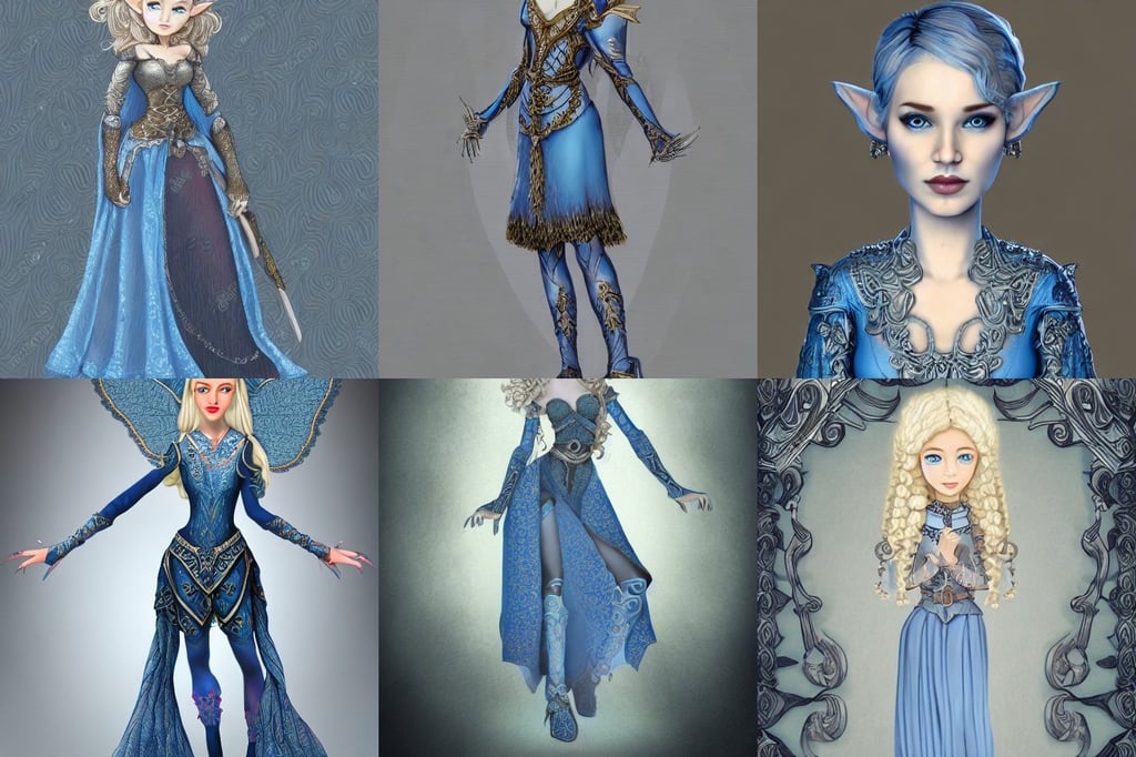 Full body portrait of a cute elven girl with short curly blonde hair in ornate gray and blue attire, soft rendering