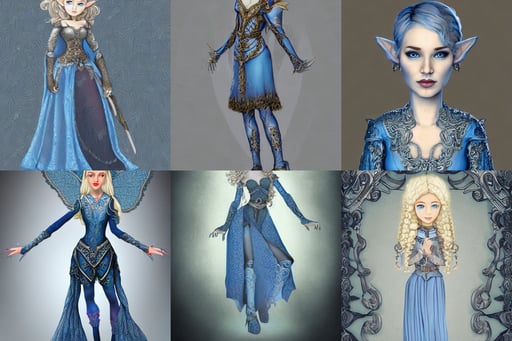 Full body portrait of a cute elven girl with short curly blonde hair in ornate gray and blue attire, soft rendering