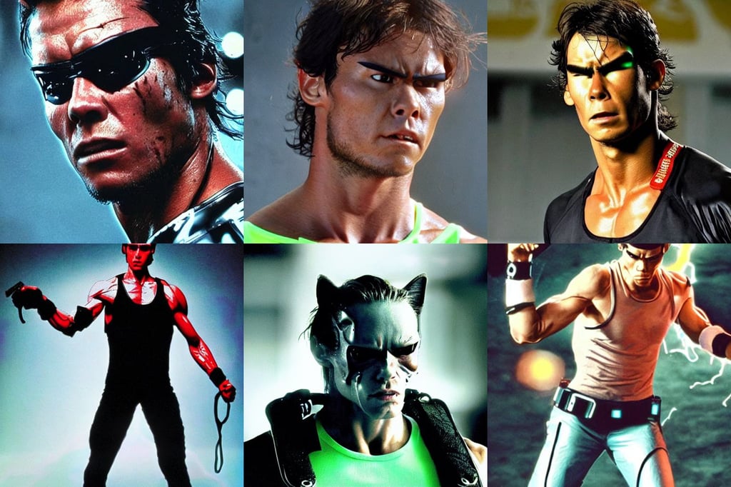 The character of the Terminator film Rafael Nadal, japanese, love interest, neon bioluminescence, muscular werewolf, woman / cat hybrid, shell collar!!l, Claymore