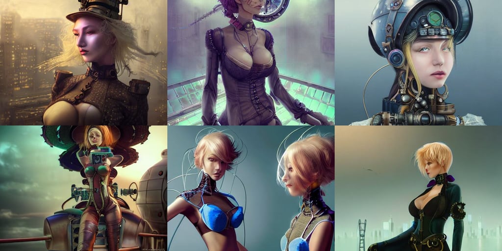 character concept art of a steampunk woman engineer | | blonde, hyper - detailed, lace bra and panties, rendering, OctaneRender, very sharp focus, portrait by ruan jia and miho hirano, nft art, technology meets fantasy, green, stalenhag, Hideaki Anno, dyson sphere, she flies by using blue neon powers through the city. Cinematic sunset