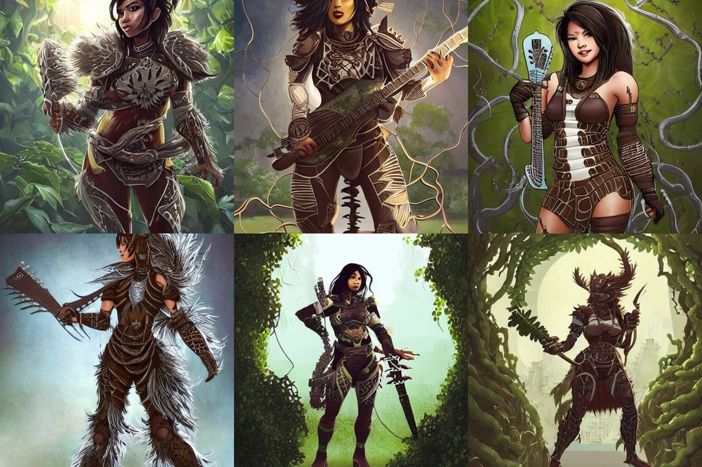 a brown skinned asian woman in destiny hunter armor, kitchen, clad in vines, simple shapes, holding a white jackson randy rhodes guitar, flawless structure, griffin chicogriff hybrid monster, in the style of Kevin Kostic, fantasy cityscape, gnoll