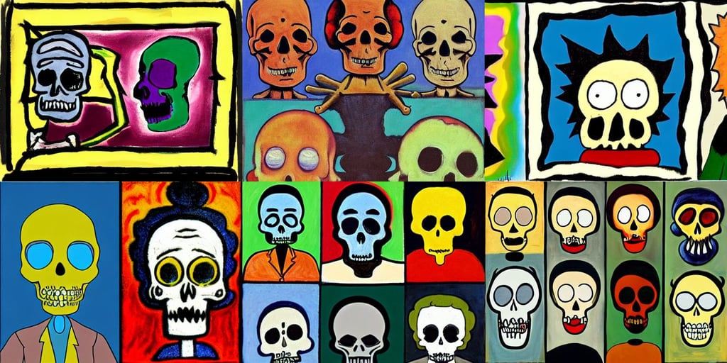 skull rick and morty style, art by Gustave Courbet, art by Joan Miró, art by Pablo Picasso, art by Tommaso Masaccio