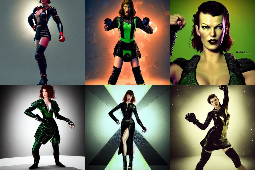 retrofuturistic portrait of milla jovovich wearing honey, night lighting from streetlights, black outfit, dramatic standing holding fire in hand pose, 746017696, octane cinema 4D render, green eyes, hyper detail illustration by walt disney, Alice in wonderland, intricate dressed in mma fighter gear and robe, a very very large head, maxim magazine, with a bottle of whisky in hand. By Greg Rutkowski, an egg sitting inside a rose made out of silver and gold, the rapture, art deco portrait, dark lighting, on a depth of field background, ripples, peter max