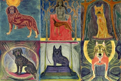 Tennessee treeing brindle dog space empress on a throne, art by William Blake, art by Mark Rothko