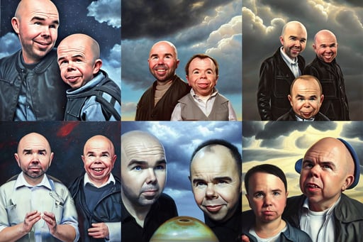 oil portrait of karl pilkington and warwick davis. oil painting, roiling stormclouds overhead, full view, bio - machine, 2 4 5 0. starcaft, by Antonio Canova, gorgeous art by artgerm, aurora and stars