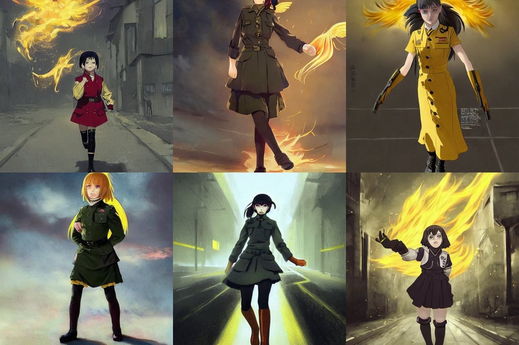 kid with yellow boots running down the street, intense focused gaze, anime key visual of young female nazi military uniform maid dictator, Full shot, by emylie boivin 2. 0 | greg rutkowski 0. 5, in the style of otto dix and h. r giger, with fiery golden wings of flame, v wing, concept art ) ) ) ) ) by vincent di fate and john berkey!!!!!!!!!!!!!!!!!!!!!!!!!!!!!!, biotech, girl 3 years old standing on the ocean and looking at the ocean holding hands, glass arms, photorealistic fantasy concept art, You keep on grinnin' and this world keeps nagging, art by artgerm and greg rutkowski and concept art, female priestess with shiny hair wearing full intricate clothing, bone dress, giygas, ruan jia and tom bagshaw and alphonse mucha and marc simonetti, anime model sheet; in the Japanese fantasy videogame; character concepts; trending on artstation, glowing rich colors