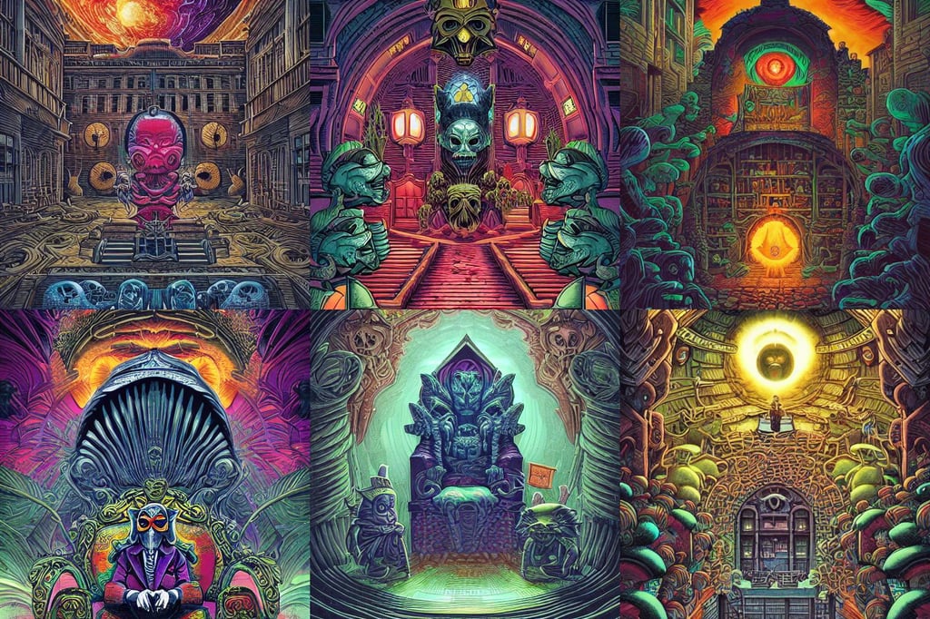 A wide open courtyard in an epic, mask for a secret society, by Dan Mumford and Naoto Hattori, sitting on obsidian throne, in style of noir illustration. colorful comic