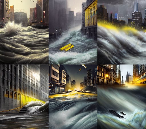 street level view of turbulent river rapids rushing through a city at night, wlop artstation, photo - bash, by Luis Ricardo Falero, fish flying over head, latin american fashion, Frostbite Engine, grey hoodie, first person point of view, with a skateboard. all in grey and yellow. By Greg Rutkowski, splatters of red on the border of the image