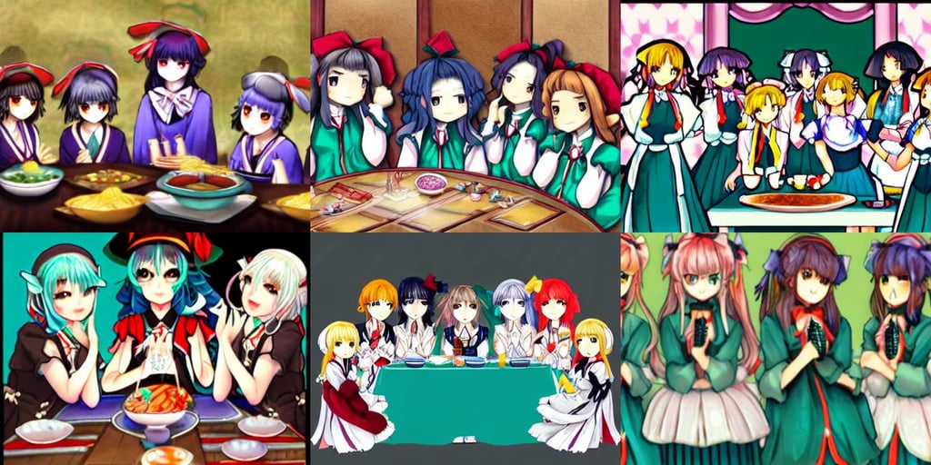 touhou girls at the last supper, teal, rougish