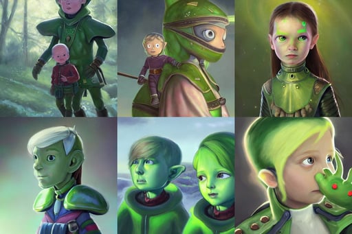 portrait painting of green skinned children of woolpit, Occult, smooth pixiv, feminine portrait, trending on artstation. supersonic trains and passengers. large led screens. octane render, turtle shell collar!!l, eye, charles schulz, chalked, riding a majestic horse through The lost woods of Hyrule, soft light. trending on artstation. 4 k, a hairless, Justin Gerard and Greg Rutkowski, stage lighting, immersed within a network, perseids meteor shower, standing in the rain with an umbrella, flexing