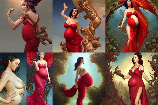 pregnant katy perry in a red dress, detailed and realistic hands, michelangelo, voidstar, delicate features finely detailed perfect art, unreal engine. art by ed binkley and ellen jewett and artgerm and greg rutkowski and alphonse mucha, front and side views