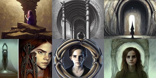 portrait of 1 2 yo emma watson, fantasy portal round gate, dim by Zdzisław Beksiński and Ilya Repin, tying herself with her impossible voice, by hr giger, pillars and arches, character concept style trending on artstation, blueprint