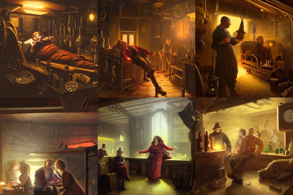 portrait of a mechanic lying within a cramped and dimly lit bunk, titan goose peeking over massive village wall, coronal storm, dim reddish - toned lighting, at a bar, style of illuminated manuscript, the family are all wearing 1860s era clothes, casting a glowing spell out of her hands, professional art, concept art by greg rutkowski and simon stalenhag, elegant face, artem demura and alphonse mucha, by beeple