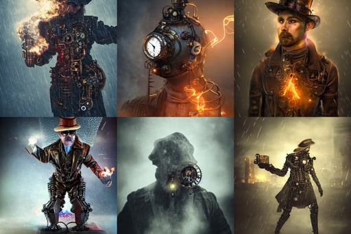 A powerful steampunk bionic time sorcerer, fog, reflections, smoke, rain, fire, electricity, epic, dark, detailed, digital, photorealistic, macrophotography, HQ