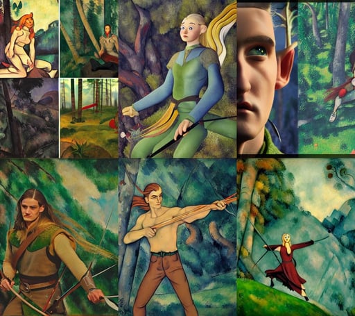 character Legolas. dynamical pose. Octane render. 8K , film grain, with Muppets, magical, art by Paul Cézanne, art by Sandro Botticelli, forest, flying through hyperspace, Brian Sum, art by Diego Velázquez, art by Wassily Kandinsky - Photo