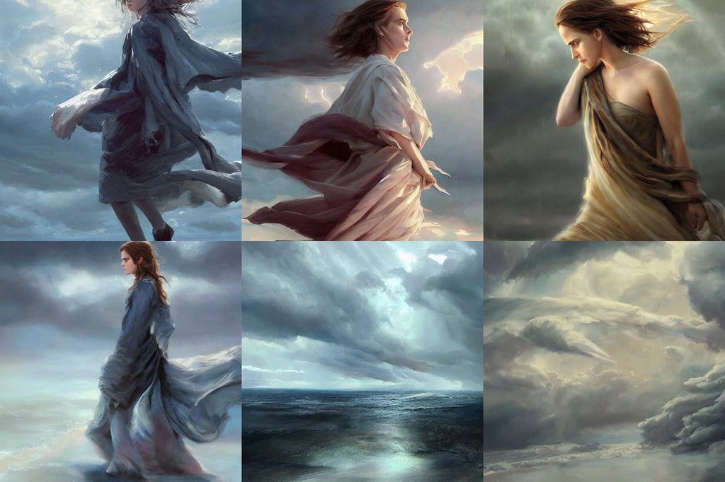 an immense storm fills the sky, by krenz cushart, emma watson, comic book art, jeff bridges, draped in flowing fabric, beautiful masterpiece