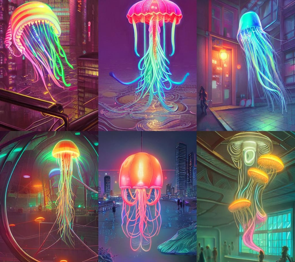 neon jellyfish in tokyo, intricate, highly detailed, digital painting, trending on artstation, concept art, smooth, sharp focus, illustration, unreal engine 5, 8 k, art by artgerm and greg rutkowski and alphonse mucha