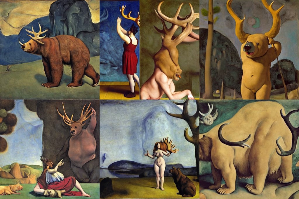 a giant bear with antlers nightmare, art by Artemisia Gentileschi, art by Johannes Vermeer, art by Henri Matisse, dnd character art, 4k, art by Johannes Vermeer, art by Edvard Munch, art by Wassily Kandinsky - Photo, setting concept:4, Animation Concep..., art by William Blake, halo of light in the head