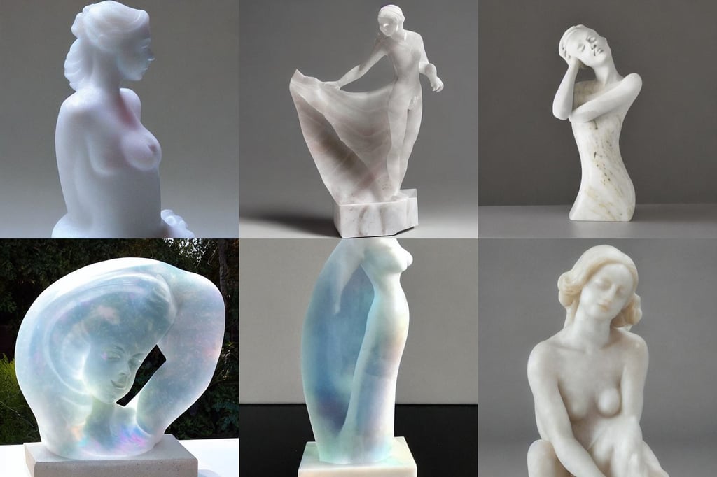 opalescent marble sculpture of beautiful woman dissolving into shimmering dust