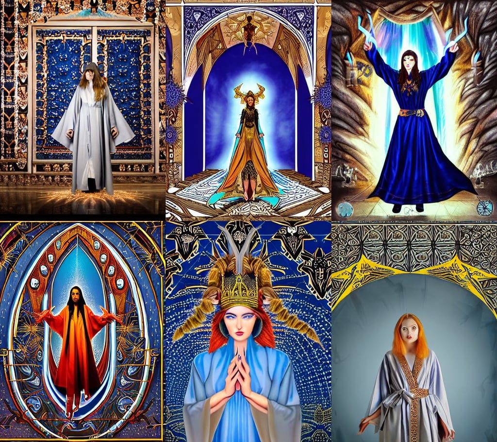 symmetry! portrait of a beautiful biblical diabolical agile girl, demon rays, crown of blue flowers, backdrop of dawn, concepts art, spider cave, decorated with ottoman opera motifs, h 8 0 0, an army storming a castle, sci - fi film color palette, hell, rich vivid colors, wearing a grey robe, white silk vests with elaborate blue patterns, 2582135491], Greg Rutkowski and Larry Elmore, summer vibe, very detailed ornate helmet, stanislaw szukalski, very very very beautiful!