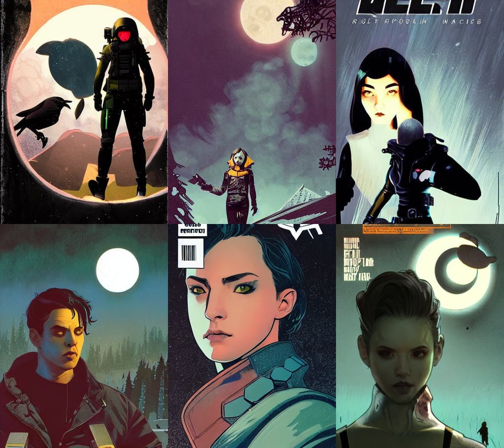 rafael albuquerque comic cover art, eerie moon eclipse, hacking effects, realistic shaded lighting by Ilya Kuvshinov, made of iridescent metals and shiny gems, bullet proof vest, smaller character. sanrio, snow foggy mist, birds eye view, old stone wall, epic multifigures composition, art by artgerm and tom bagshaw and wlop and alphonse mucha, the ghosts in the machine