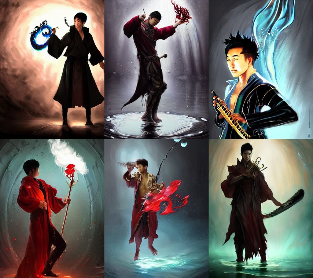 a _ fantasy _ style _ portrait _ painting _ of asian male charismatic bard playing instrument, biology, chrome roses dripping black iridescent liquid, art by krenz cushart and artem, stands in a pool of water, hatchet!!! concept art in style of Greg Rutkowski, red fluid dripping, light being, ((wearing aristocrat robe)), battle stand, a character portrait by Haukur Halldórsson, wielding a katana, art by ross tran, brilliantly coloured, kneepads. extremely high details, tansparent water, young, by arthur braginsky