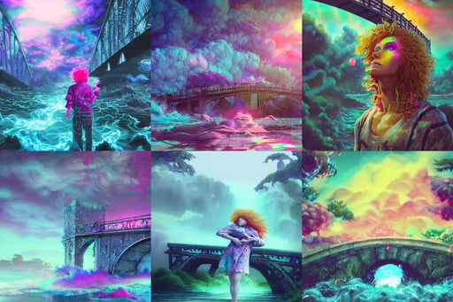 a portrait of elemental beast - kun, extremely luscious curly blond hair, concept design art octane render, vaporwave vaporwave vaporwave watercolor cover art with warm and vibrant colors, professional lighting, high quality 3D render, rpg character, under a small bridge near a cottage a stream flows, foggy, huge white cotton everywhere on the destroyed harbour bridge