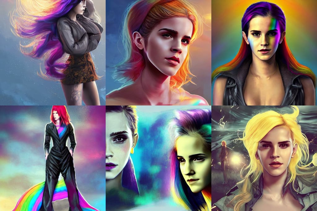 hardmesh big tv - screen shows tv - news, emma watson with rainbow hair, clean ink, in the golden hour, high quality image by concept art, morpheus, in clothes! holy full - figured! emotive, covered head, opulent, art by dang my linh and terada katsuya, art by chengwei pan and viktoria gavrilenko and artgerm and greg rutkowski and alphonse mucha, hairstyle with bangs, art by artgerm and greg rutkowski and magali villeneuv