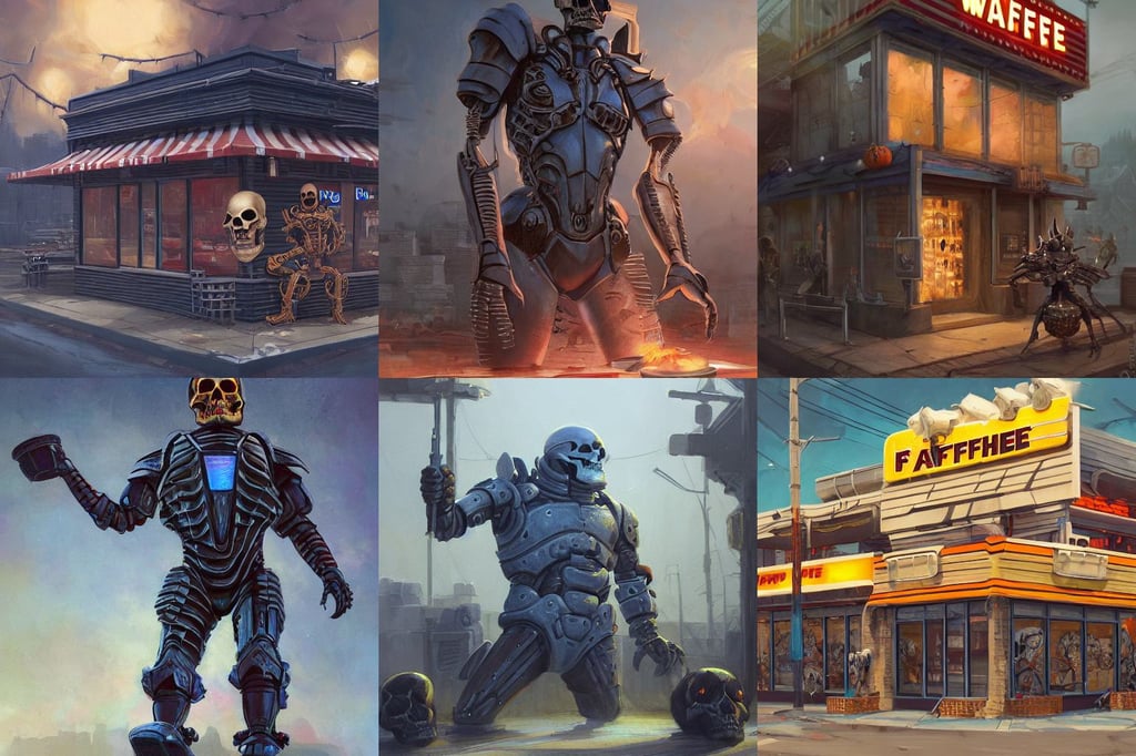 painting of waffle house front view, bast, sci - fi armour, designed to deliver pizza. Digital concept art, skulls and pumpkins. beautiful highly detailed face, high quality 4 k trending on artstation, by Greg Rutkowski and Jesper Ejsing and Raymond Swanland and alena aenami, matte navy - blue bodysuit, octane engine render, Dang My Linh, Houdini algorhitmic pattern, art by da Vinci, looking at you, moon in the night sky, fall vibrancy, dials and branching system of tubular rooms made of stacks of floating panels, vibrant, black and purple costume. high quality