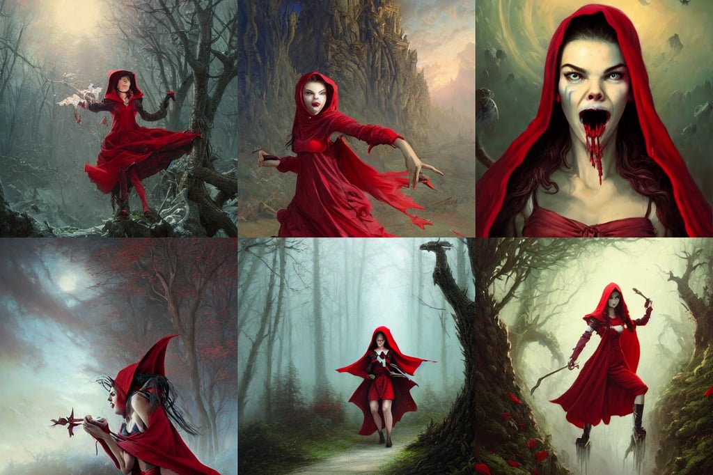 Red Riding Hood, with multiple heads, detailed matte painting, emerald, pretty anya taylor - joy vampire sharp vampire teeth open mouth, ultra wide shot, realistic oil painting by peter mohrbacher, afghan warrior, screaming with fear, pretty face, art by thomas kinkade and H.R. Giger and Kevin Swartz