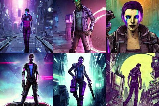 scifi concept art, borderlands style, hypnotic eyes, narrowed eyes, 'blade runner 2 0 4 7'movie still, city background, colourful stars on the sky, dark purple hair and cybernetics, dressed of modern transparent fluent shirt and large pants, long braided curly silver hair