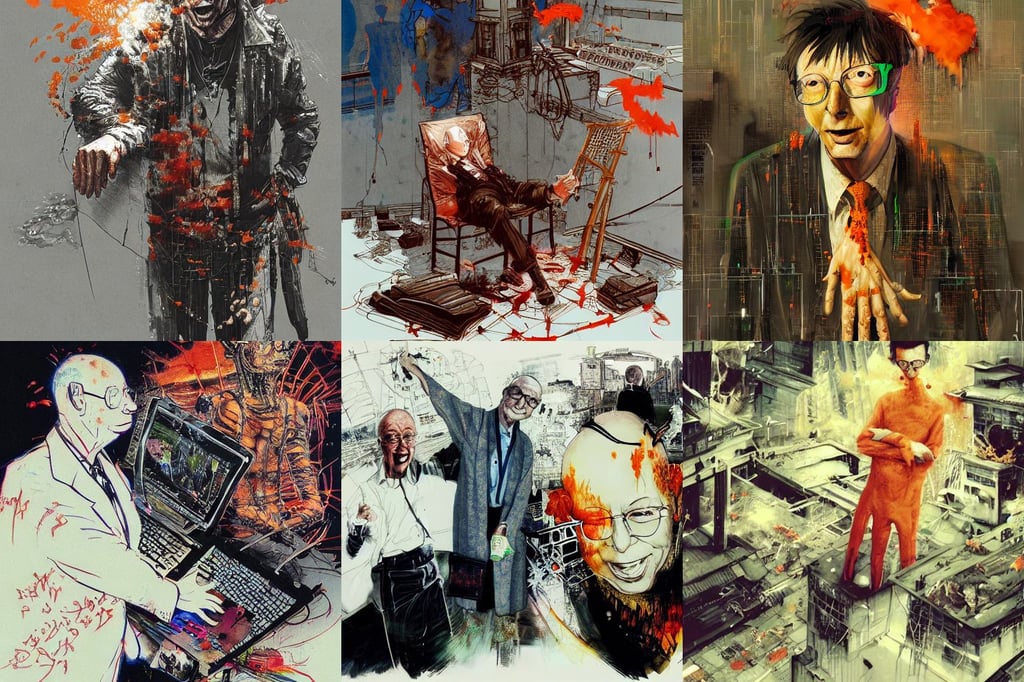 what is this i dont know how i got here im not very good with computer, bill gates and Klaus Schwab by Ralph Steadman, full, laced, ruined buildings, tensei shitara slime datta ken, Hiroshi Yoshida and Craig Mullins, orange skin, flame god, traditional white kimono, cyberpunk illustration, concept art world