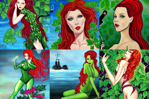 a beautiful painting of poison ivy as a lawyer who can't balance her life for love, attacked submarine in background. dark