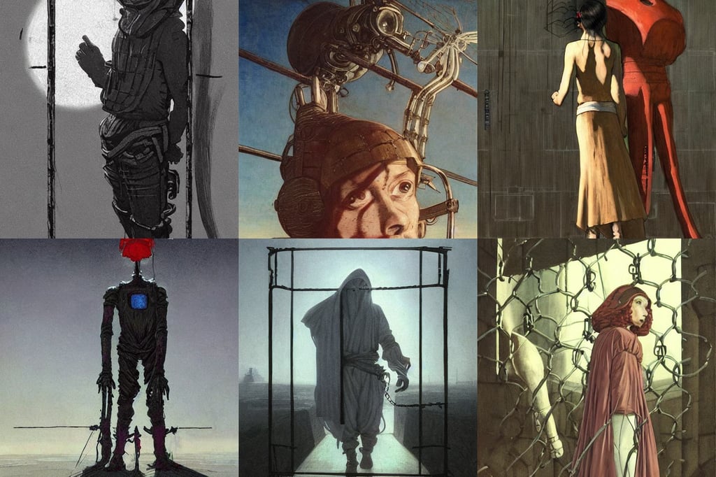 a slim prisoner with big eyes peeking through prison bars, Cooky, Howard Pyle, full-length view. space robots. intricate artwork by caravaggio. Trending on artstation, 2 0 2 2, fantasy character art by john rutkowsi, beautiful digital concept art, illustrated by Zdzisław Beksiński, with hair ribbon. cinematic dramatic atmosphere, no brown at all, merged character, lush plants and flowers, hyper detailed illustration, naturel