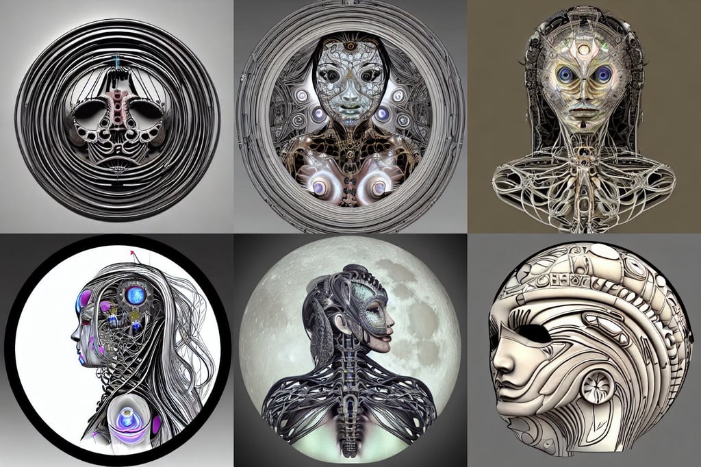 perfectly centered portrait front view of a beautiful biomechanical moon goddess