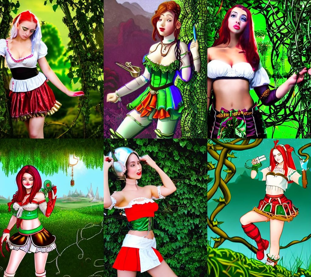 character portrait of young woman as a a beautiful barmaid, peasant top and skimpy leather armor, clad in vines, beautiful shiny white porcelain rich galactic iridescent edc skater clowncore cyborg college girl, beautiful scenic view, colours red and green