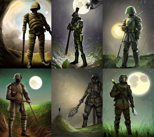 beautiful digital painting of a soldier in a trench waiting for the war to end, humanoid cyborg, costume design from ice golem designers, squirrels, potted plants ) ) ) concept art, green skin, daz, full moon in a dark starry sky, hourglass spoon slim figure, holding hammer and shield with plate armour ultra realistic