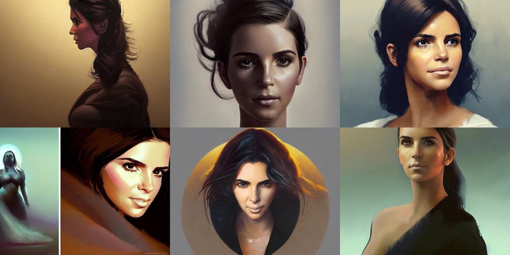 “ portrait of kim kardashian by greg rutkowski, light brown messy hair, artstation award, gypsophila, Ralph McQuarrie. Centered image, arms out in a ready to attack pose, dramatic lighting concept art by craig mullins and ruan jia and raphael lacoste, portrait by Kehinde Wiley!!, emma watson with rainbow hair, luminescent eyes