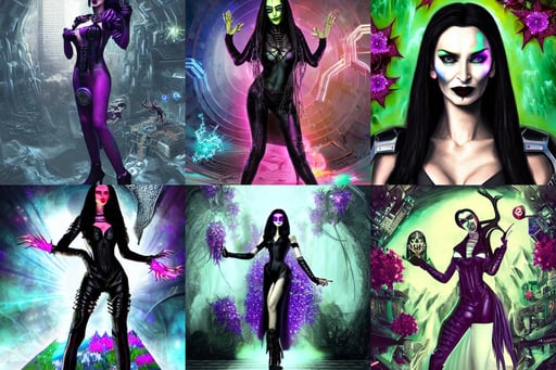 hyperrealistic portrait of a cyberpunk man, claudia black as morticia addams from baldurs gate and diablo, detailed space graphics in background, small waterfall, face opening, masterful, clematis design, india flag background, advanced digital, lush flowers intricate jewellery, beautiful porcelain white edc clowncore rage devil madison beer cyborg woman, by popular digital artist, premium prints available, by goro fujita, epic painting by Greg Rutkowski and Craig Mullin, Artstation trending, art by peter lloyd, evil attitude, paper collage, realistic body, photo realistic painting