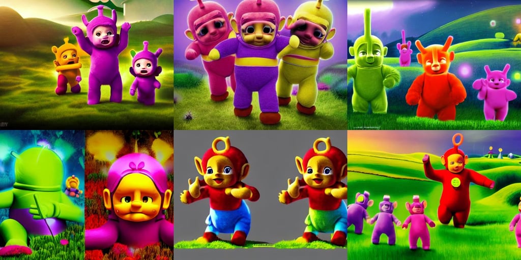 teletubbies on a murderous rampage. people flee them in fear., ( ( character concept art ) ), award winning on artstation, battle, reddish swept - back hair, surrounded by lush nature