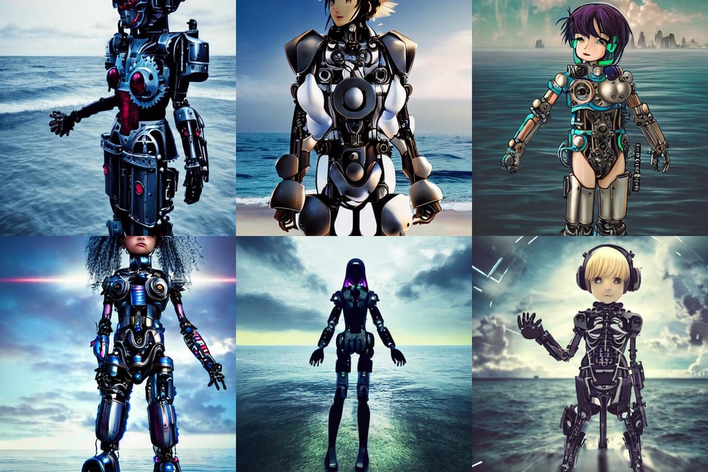 portrait Anime cyberpunk cyborg girl in mechanical armor, neo - gothic, robotic parts, perfect symmetrical face, a godness of the southern seas, High definition, girl 3 years old standing on the ocean and looking at the ocean holding hands