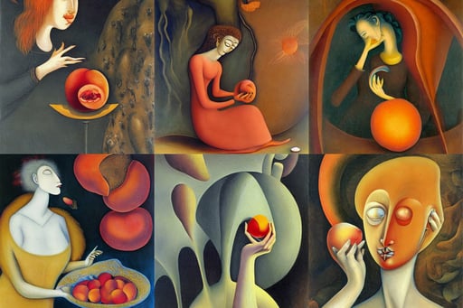 Eve eating a peach by Remedios Varo, oil on canvas