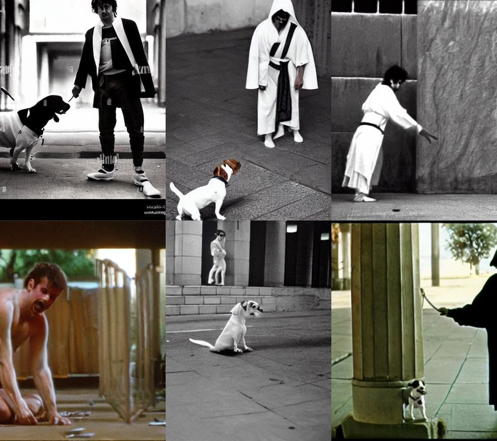 a man tied to a pillar and jack russel terrier pissing on him, eighties look, epic cinematic quality, geometric lines, robed