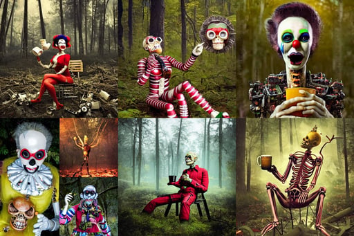 nuclear bombs explode in the center of the forest, scene of man with open mouth, all 8 angles, wearing elaborate jewelry : : as clownpunk cyborg woman by pixar : : by weta, forest kodak skeleton, is ((drinking a cup of tea)), details, godess of beauty