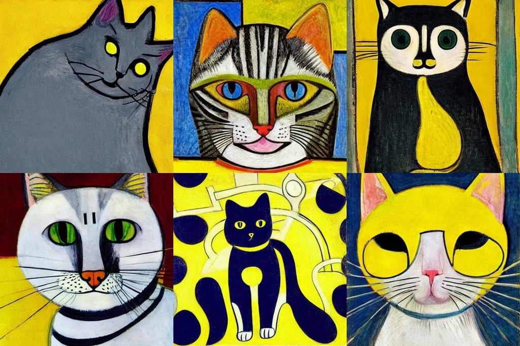 cute cat on yellow background, photshoot, symmetrical face, art by Edvard Munch, art by Pablo Picasso, art by Piero Della Francesca