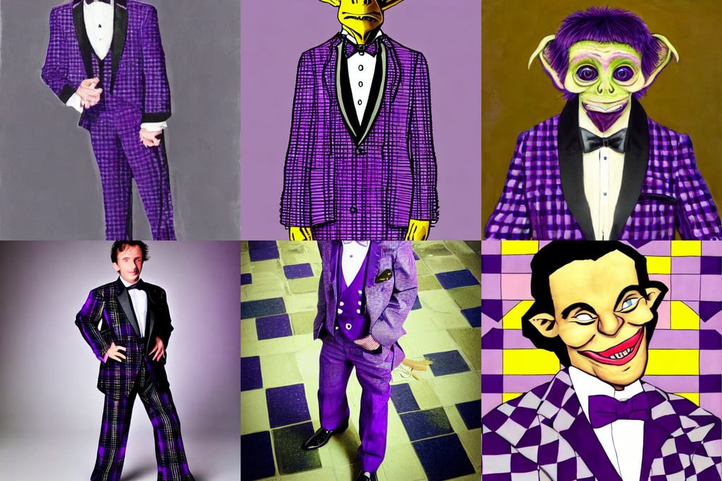 portrait of an arrogant handsome goblin in purple checkered tuxedo