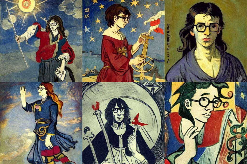 boy with long hair and glasses in nebula, medieval heraldry, liberty, full body portrait, wearing a maid outfit + Finely detailed, federichi, art by Eugène Delacroix, art by Pablo Picasso, dramatic atmospheric lighting, cute anime girl